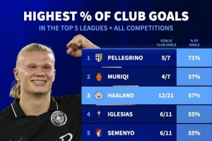 哈蘭德進球占比全隊57%五大聯賽第3高，姆巴佩54%、凱恩47%