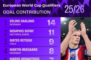 本屆歐洲世預賽參與進球榜：哈蘭德14球居首，德佩11球次席