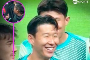 可愛??對陣巴拉圭合影環節，孫興慜與SONNY發型的小球迷打招呼