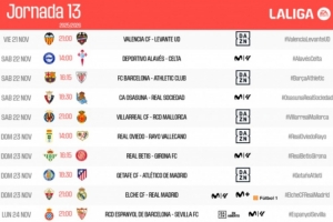 西甲第13輪時間：11月22日23:15巴薩vs畢巴，皇馬24日4點出戰