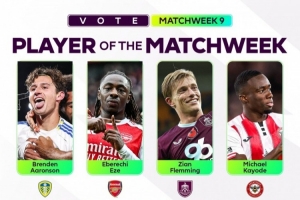 英超官方評第9輪最佳球員候選：埃澤、姆伯莫領銜，范德芬在列