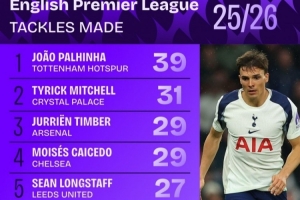 本賽季英超搶斷榜：帕利尼亞壓米切爾居首，廷伯、凱塞多列前四