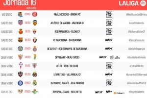 西甲第16輪時間：巴薩12月14日01:30對陣奧薩蘇納，皇馬15日出戰