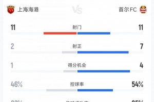 上海海港vs首爾FC全場數(shù)據(jù)：射門比11-11 射正比2-7